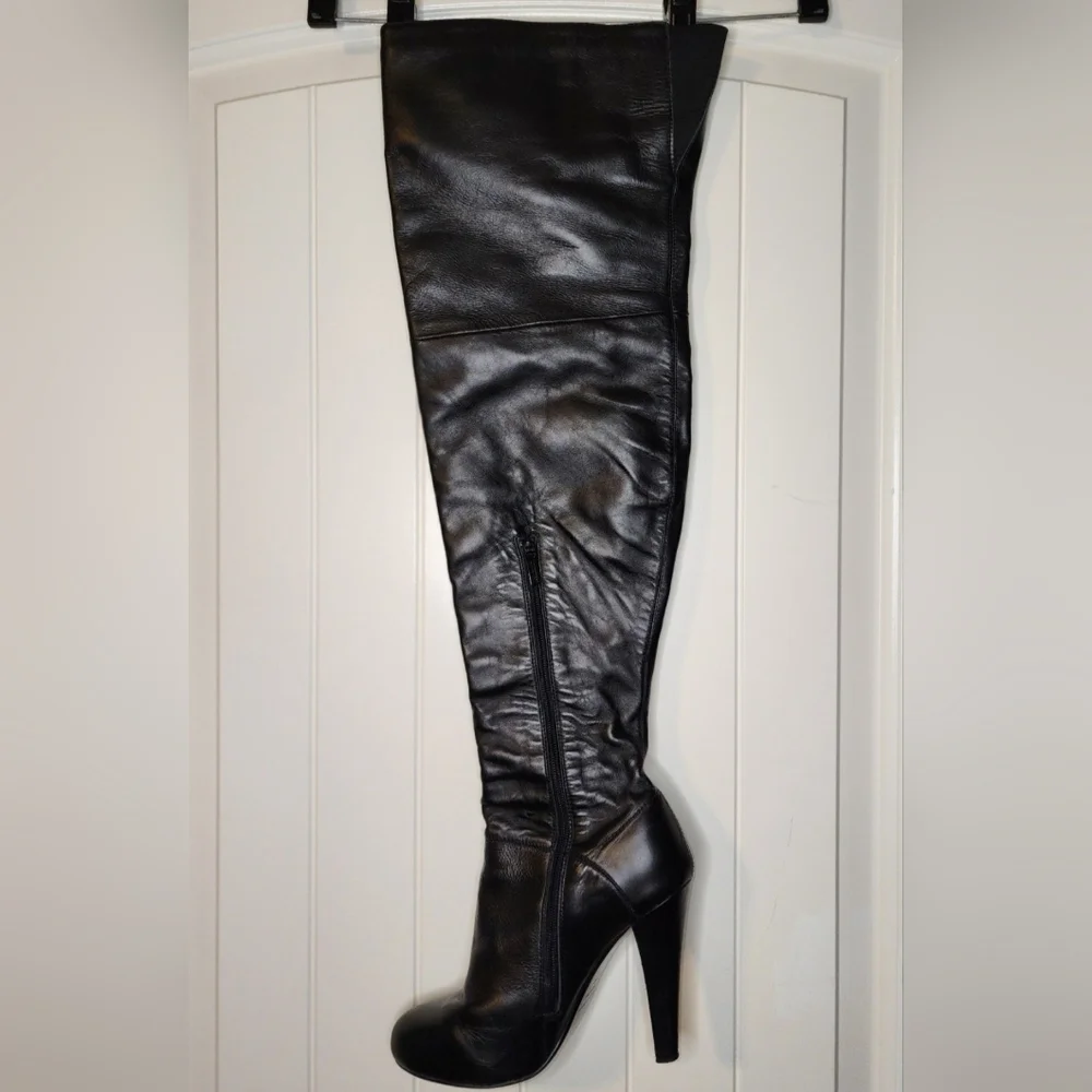 Women's Colin Stuart Black Leather Thigh-High Heeled Boots- Size 7.5B